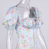 VINTAGE FLORAL PUFF SLEEVE MIDI DRESS IN BLUE