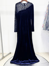 riva crystal patchwork Velvet Column maxi Dress in dark blue