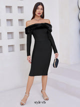 Fuzzy Trim Split Bodycon strapless midi Dress in black