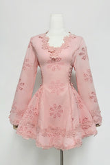 Flower embroidery hollow mini dress in white