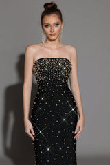 Pearl Rhinestone Beaded strapless black maxi dress