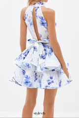 jessica printed backless halter top skirt set in blue