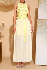aurora 3D flower Splicing bandage mesh maxi dress in yellow