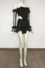black Off-shoulder top Short mesh skirt Set