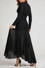 josephine v-neck ruched long-sleeve maxi dress in black