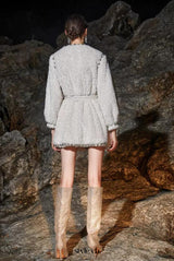 Beige V-Neck Long Sleeve Diamond Stud Coat