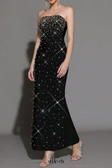 Pearl Rhinestone Beaded strapless black maxi dress