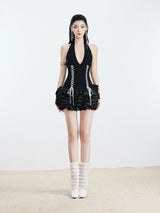 trista Lace Up Halter Neck Ruffle Mini Dress