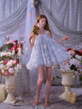 Tutu Light Blue Sleeveless Flower Diamond Short Doll Dress