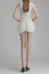 flower embellished puff hem slim mini dress in white