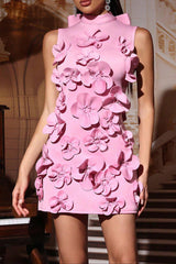 cynthia 3D Flower Sleeveless Bow Mini Dress in pink