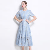 dana hollow embroidery lace midi dress in blue