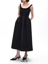 monica Braided shoulder straps midi dress in black