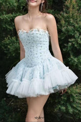 irene floral print strapless tulle mini dress in blue