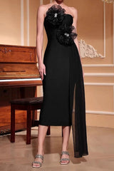 venus 3d flower rhinestone strapless midi dress in black