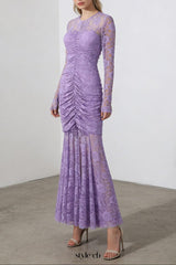 penny lace  hollow ruched bodycon long sleeve maxi dress in purple