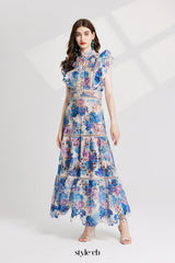 chloe hollow out flower embroidery maxi dress in blue