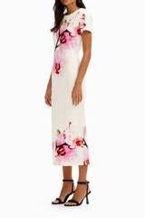 orchid print back slit stretch slim fit midi dress