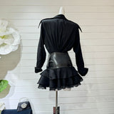 mandy Collar Ruched Ruffle Mini Dress in black