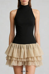 cynthia black ruched trim sleeveless puffy mini dress