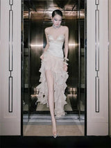 sabrina Ruffle Crystal strapless midi dress in black