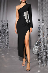 elsa one shoulder rhinestone appliqué bandage midi dress in black