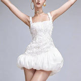 jocelyn flower embellished puffy mini dress in white