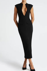 nellie v-neck bodycon midi dress in black