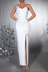 anila 3d floral halter high slit maxi dress in white