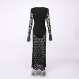 gwendolyn v neck hollow long sleeve lace maxi dress  in black