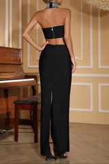 gwendolyn crystal halter cut out maxi dress in black