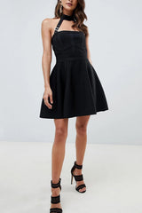 halter neck buckle straps bandage mini dress in black
