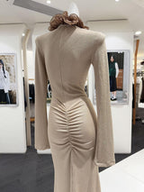 rachel Contour Long Sleeve Ruffle Knit Maxi Dress in pale brown