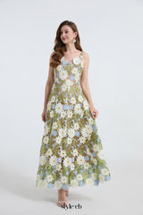 celeste floral hollow stitching maxi dress in green