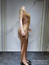 roberta Fringe Sequin Crystal Maxi Dress In Gold