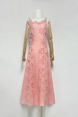 lace trim embroidery hollow midi dress in white