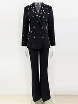 myra black Straight Flared Velvet Floor Length Pants rhinestone blazer set