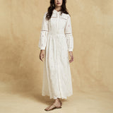 retro single-breasted hollow lace midi dress in white