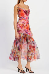 Red Multi Floral Tie Strap Midi Dress