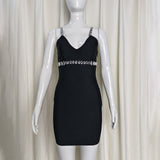 karen V-neck rhinestone embellished stretch Bodycon mini dress in black