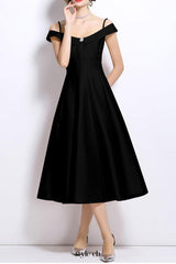 meroy off-shoulder satin pleated midi dress in black
