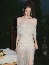 Masa White Haute Couture Feather Sequin Dress