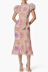 lydia puff sleeve Floral Midi Dress in Pink