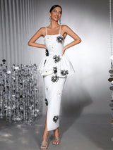 white bodycon midi dress Bandage elastic sling with handmade flower