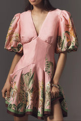 v-neck puff sleeve cotton linen printed mini dress - pink