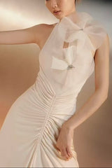 nicola Flower bow pleated bodycon maxi dress in white