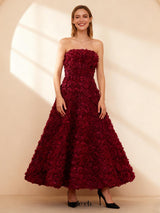 mona 3D Rose Petal Strapless Mesh Maxi Dress in wine red