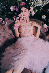 Pink Princess layer ruffle midi floral Embroidery strapless Dress
