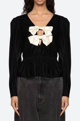 wallis black v-neck bow cutout velvet top
