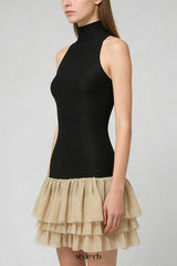 cynthia black ruched trim sleeveless puffy mini dress